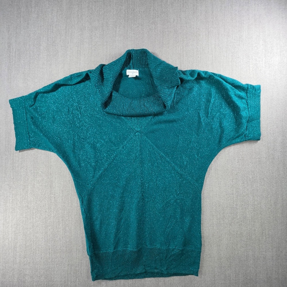 Jaclyn Smith Sweater Women Small Teal Metallic Cowl Neck Dolman Short Sleeve Top